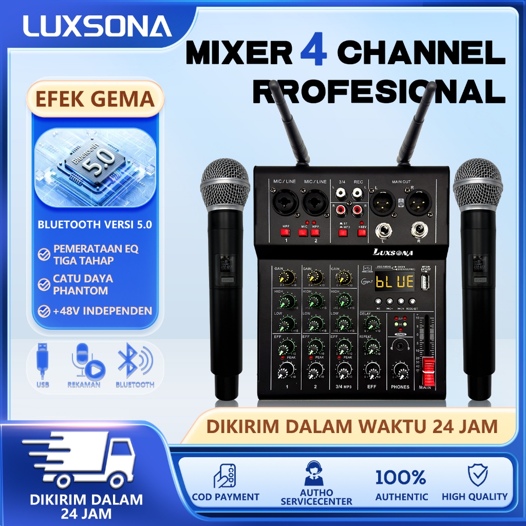 Profesional 4 chanel mixer audio+ 2 UHF mikrofon wireless/amplifier bluetooth mini/karaoke mixer/amp