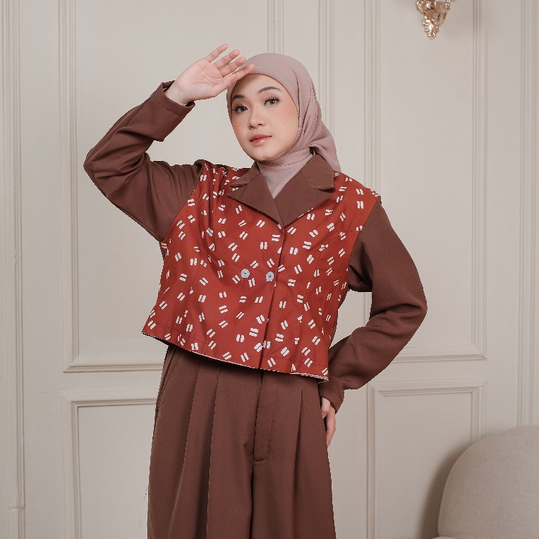 RYANI - Tara Blazer | Blazer Rompi Formal Batik Cap Wanita Coklat Mahogany
