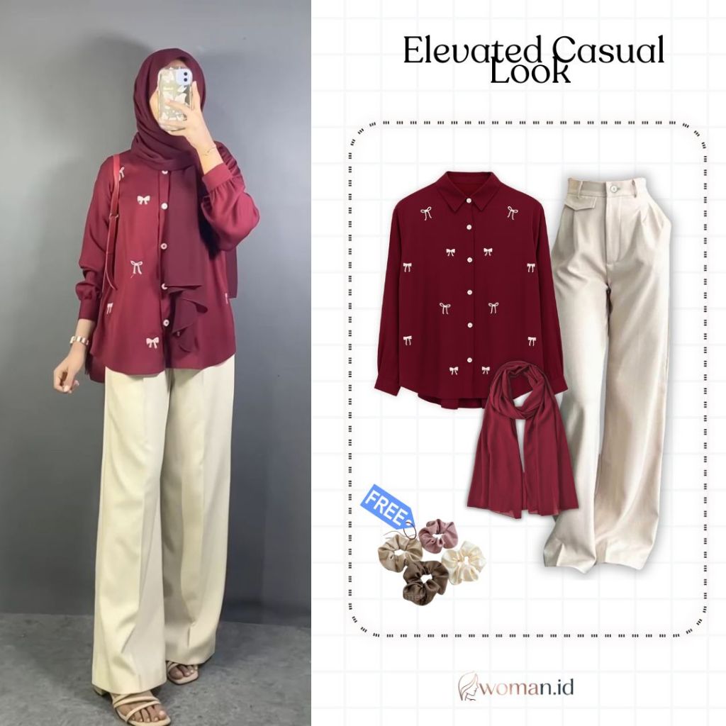One Set Cewek Kekinian 3in1 / Aisma Blouse-Celana Oro-Hijab Pashmina / Outfit Hijab Korean Look / On