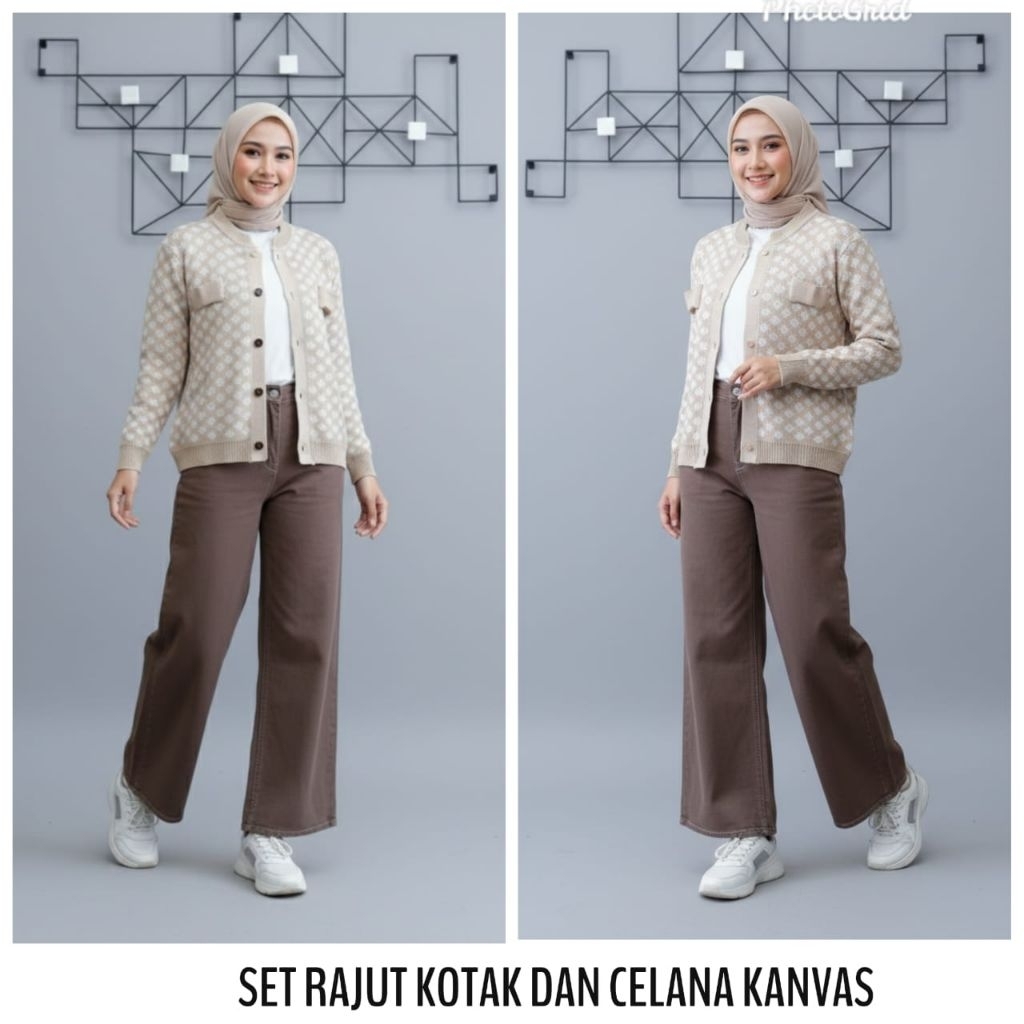 Setelan Rajut Kotak Dan Bawahan Celana Jeans Kulot Wanita Dewasa
