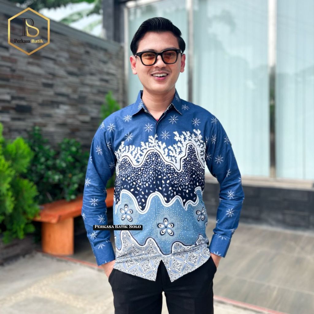 PERKASA BATIK Motif Maheswara Biru Atasan Kemeja Batik Pria Premium Lengan Panjang Slimfit Bahan Kat