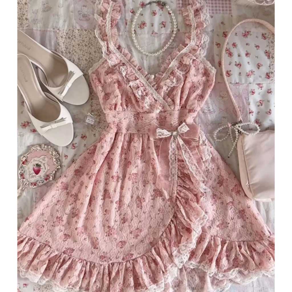 Vintage Angel Designer Floral Pink Dress Ruffle Classic Princess Things Night Dress Lingerie Aesthet