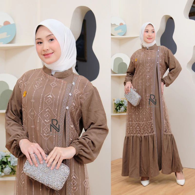 Gamis Brokat Elegan Pesta Muslimah Premium-Naura-Espresso