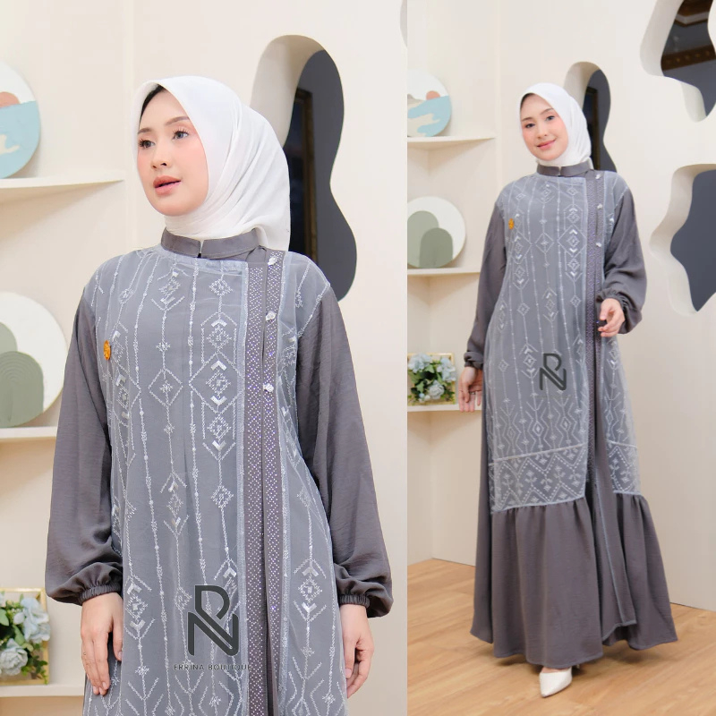 Gamis Brokat Elegan Pesta Muslimah Premium-Naura-Smoke