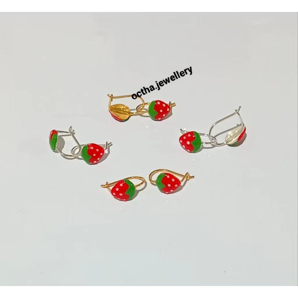 Anting Kait Anak strawberry Perak Asli 925 Lapis Emas