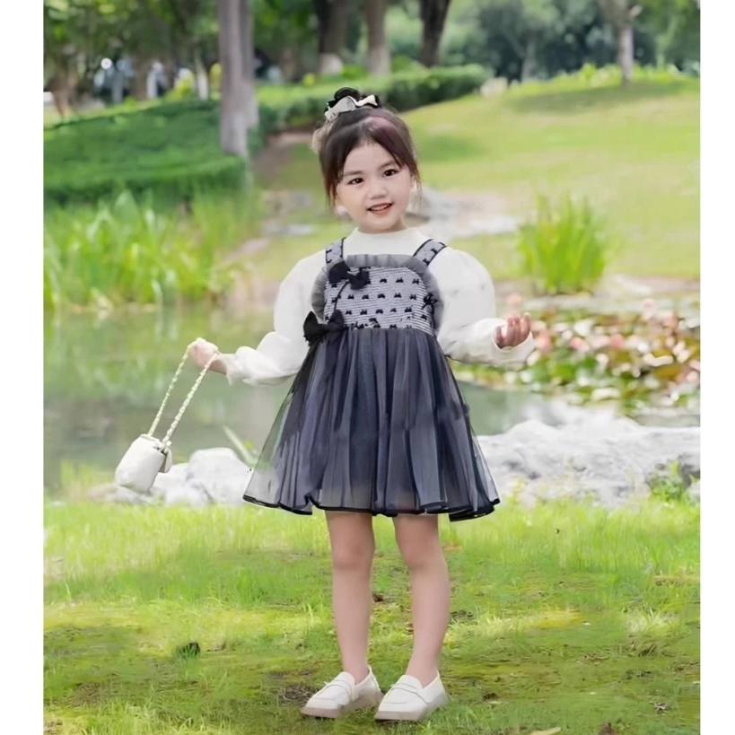 Dress Jumpsuit Anak Perempuan Usia 1-4 Tahun | Model Dress Baju Lengan Panjang Balon Kombinasi Outer