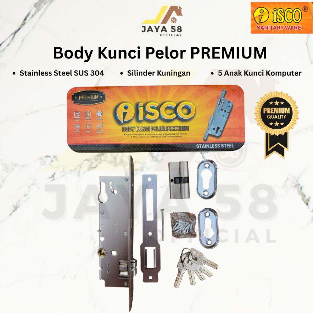 Body Kunci Pelor Pintu Premium Stainless 5 Anak Kunci Kuningan / Body Lidah Kunci Pintu Rumah ISCO