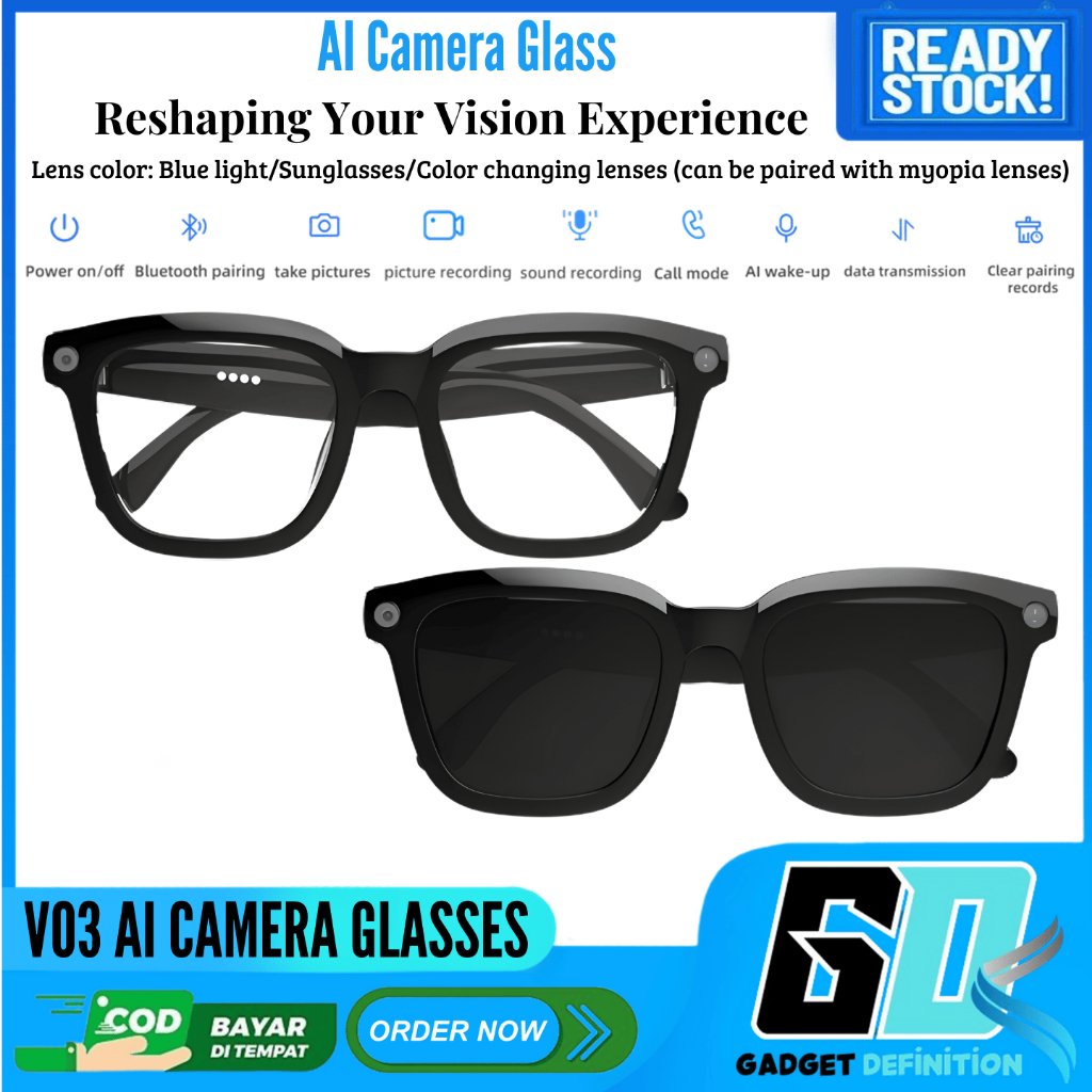 V03 AI-Vision Smart Glasses Kacamata pintar Bluetooth perekaman video, audio, AI, Kamera