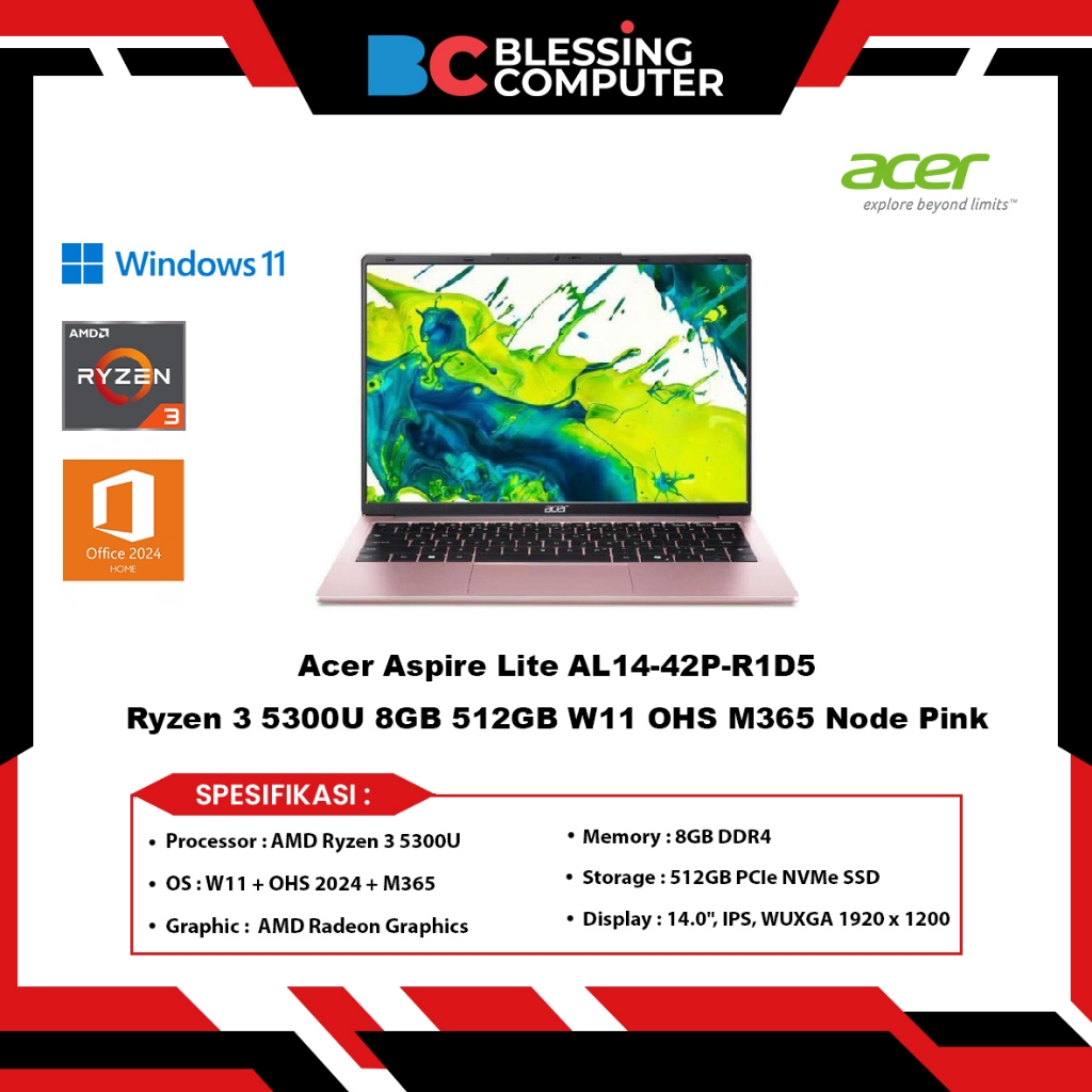Acer Aspire Lite AL14 42P R1D5 Ryzen 3 5300U 8GB 512GB W11 OHS  M365 Node Pink