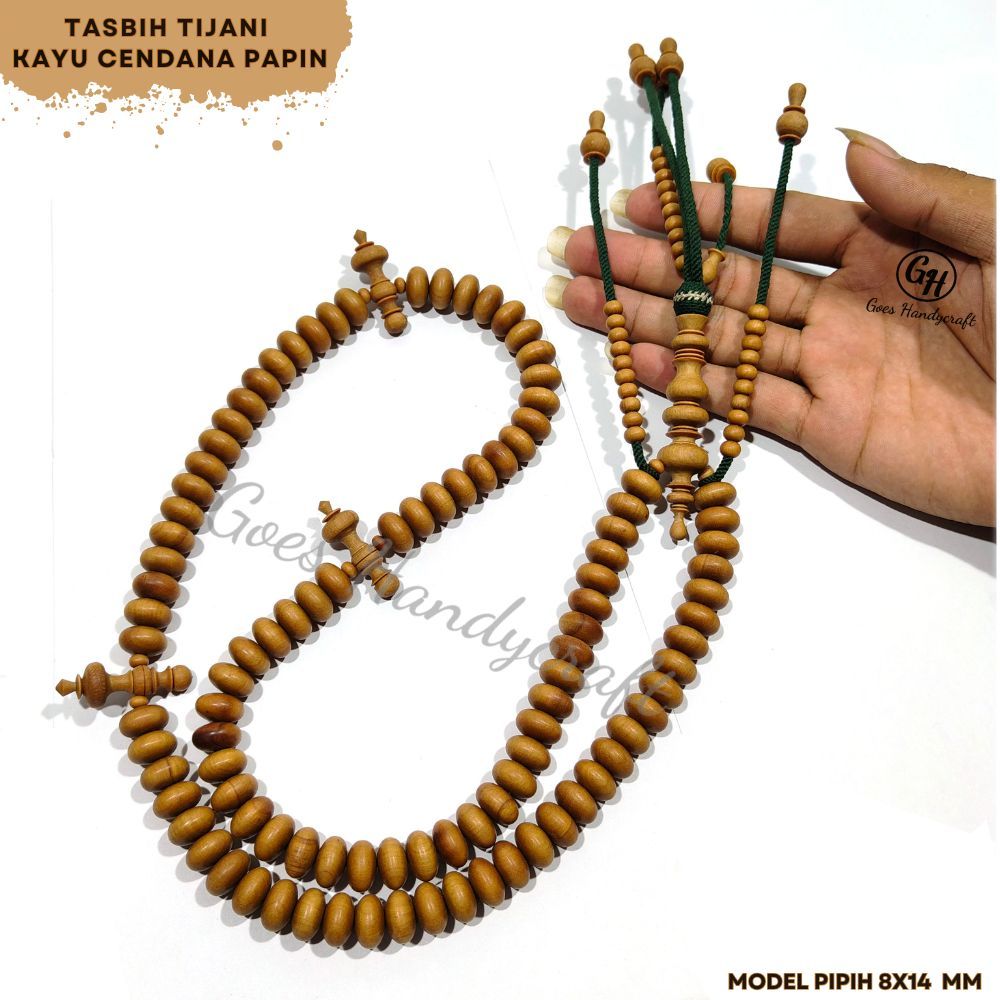 Tasbih TIJANI Kayu CENDANA PAPIN 8X14 mm warna Natural ALAMI