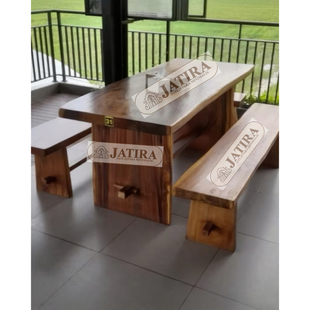 Bangku Meja Makan Kayu Trembesi | Meja Makan Classic Cafe | Bangku Meja Jati Asli Jepara Murah Palem