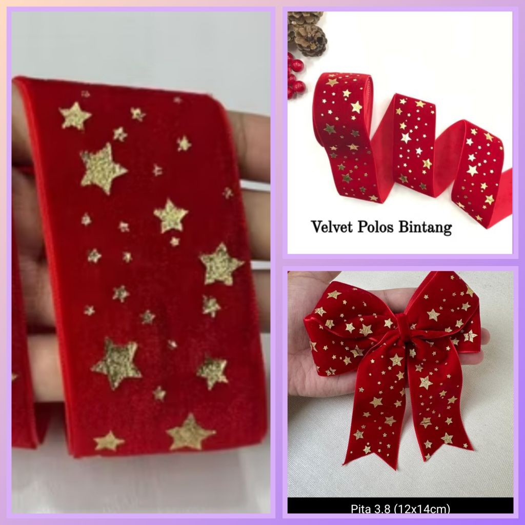 Pita Velvet Bintang Pohon Natal | Pita Besar Hiasan Natal | Dekorasi Pohon Natal | Pita Jadian Velve