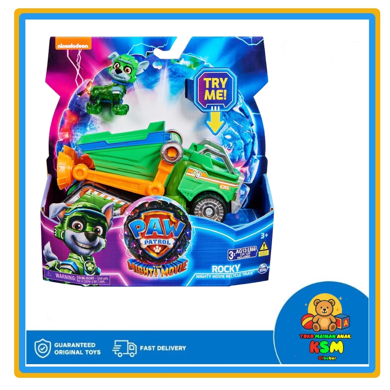 PAW Patrol Mighty Movie Rocky Garbage Truck Recycler – Mainan Truk Sampah Lampu Suara dengan Figur R