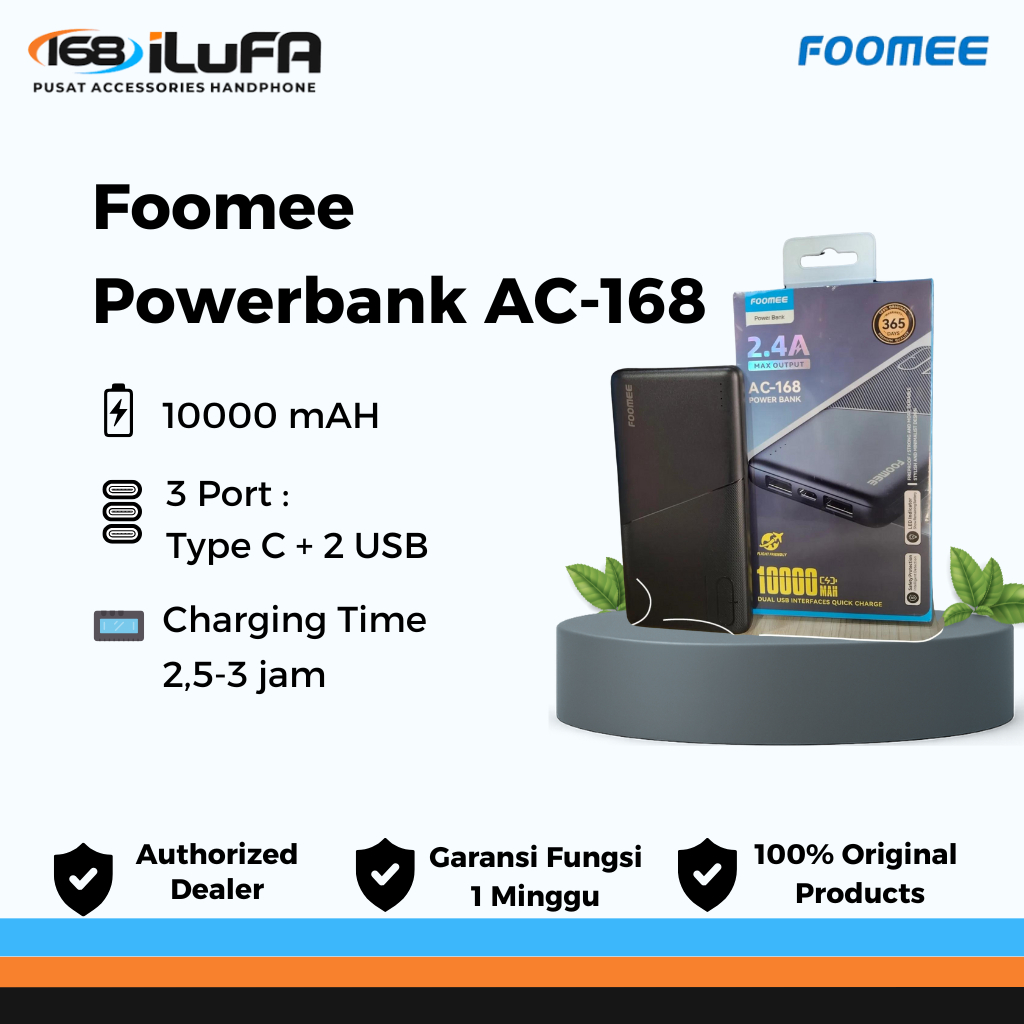 FOOMEE AC-168 Powerbank - Power Bank 10000 mAH 3 Port (Type C dan 2 USB)