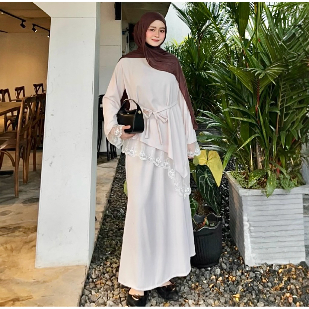 Zhafira Lace OneSet Tunik rok Malay / Tunik Asimetris renda/ Outfit lebaran/ outfit bukber / Outfit 