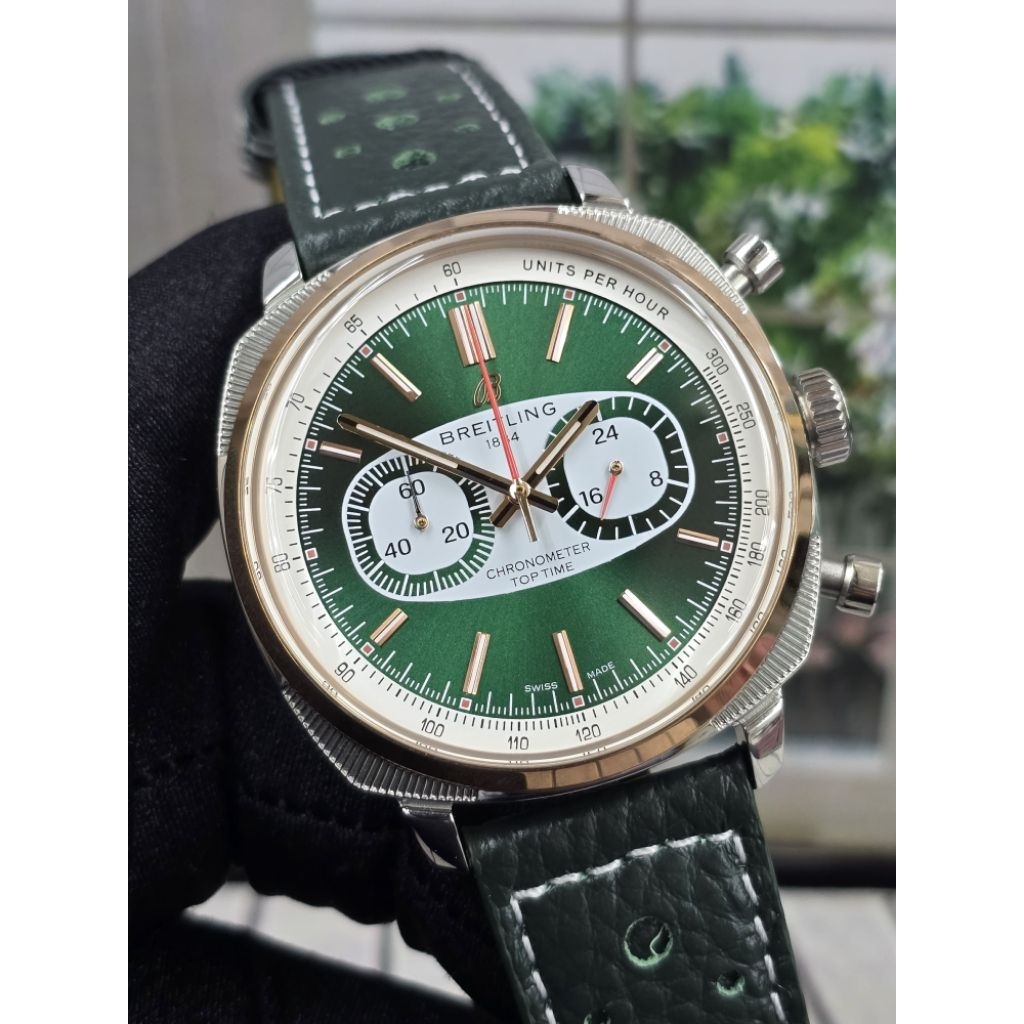 Jam Tangan Pria BREATLING Top Time Chronograph Leather Strap Premium Case Stainless Silver Rose Gold