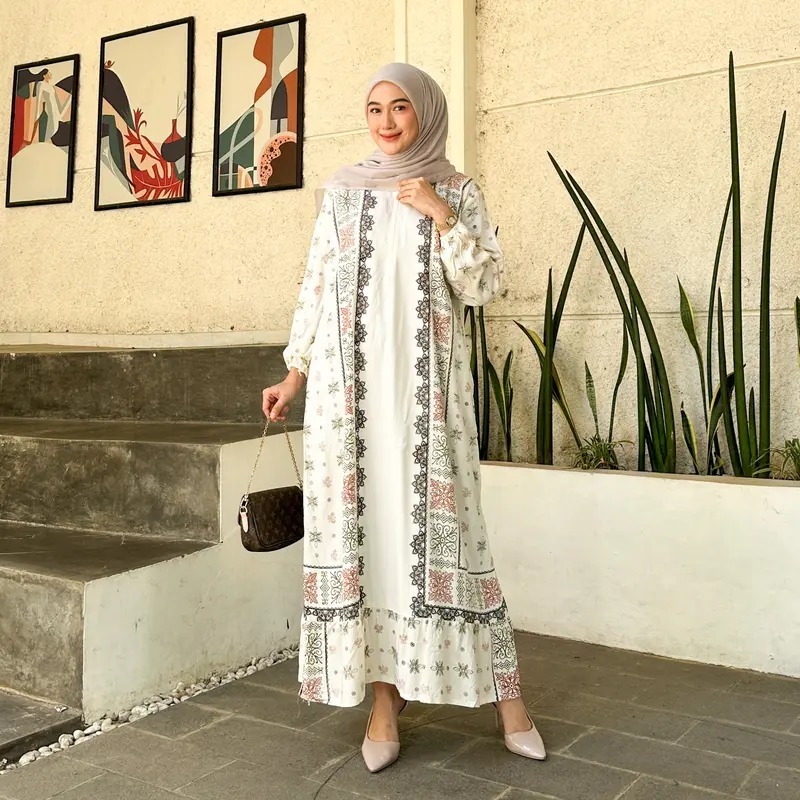 Dress Midi Rayon Busui Lengan Panjang Daster Batik Kekinian Harmony Dress Bunga-Bunga Prada Crepe Re