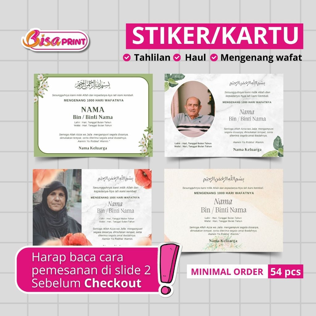 Cetak Kartu/Stiker Mengenang 40/100/1000 Hari Wafatnya, Custom Stiker Mengenang Wafatnya