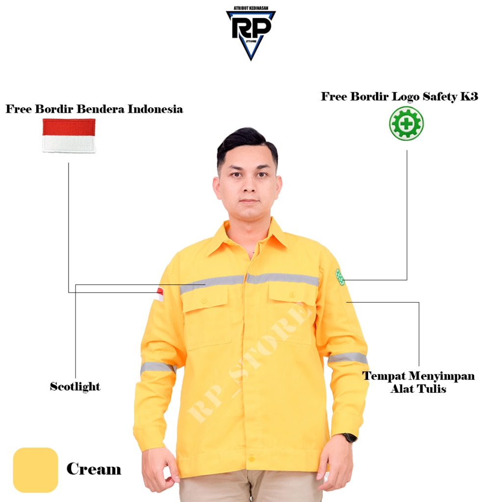 Baju Safety Warna Kuning Lengan Panjang Seragam Kerja Lapangan Kemeja Proyek Atasan Bahan Premium