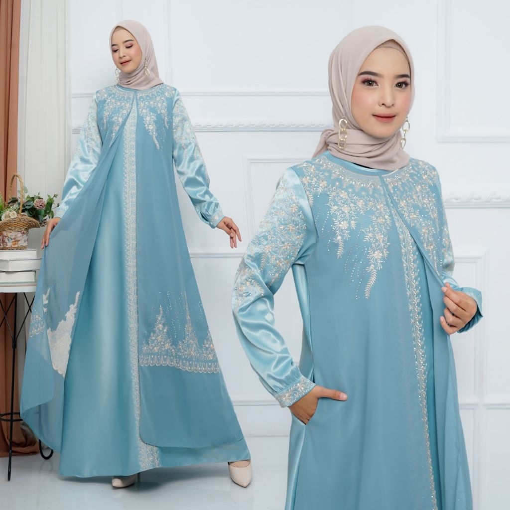 Nura Collection Official - Kamila Dress - Gamis Satin Mix Ceruti Bordir - Gamis Satin Kristal Bordir