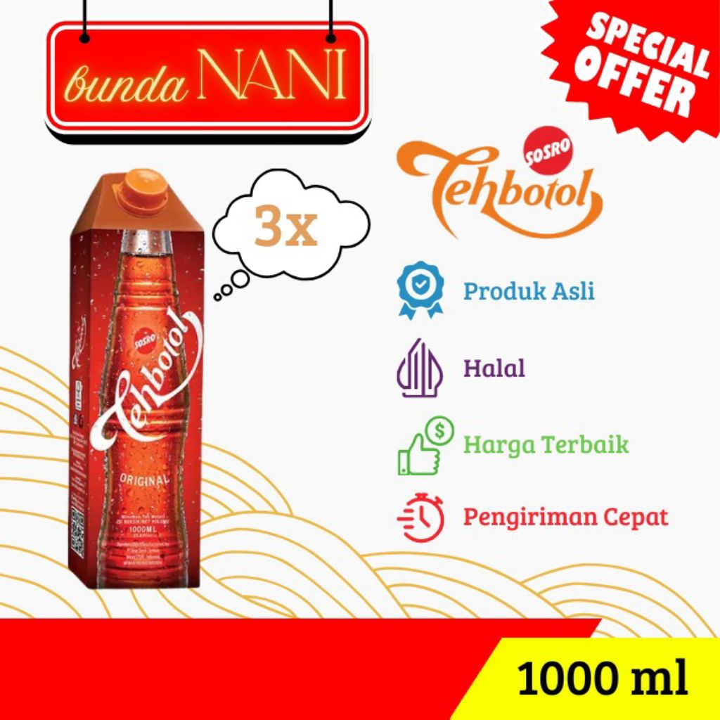 Pack of 3 Tehbotol Sosro 1000 ml Original Isi 3 Teh Botol 1 Liter Halal