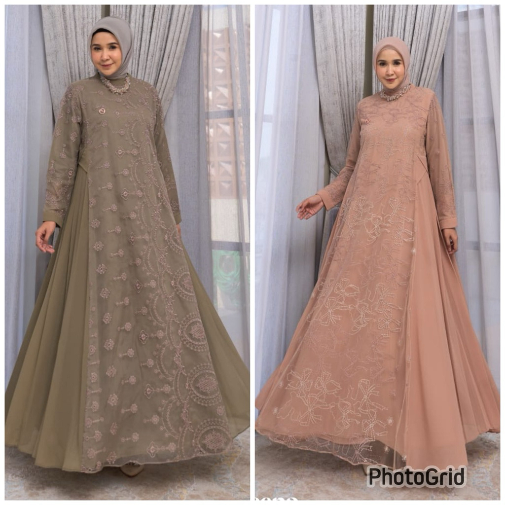 Queena dres marevi brukat premium,gamis cantik kekinian,gamis kondangan wanita