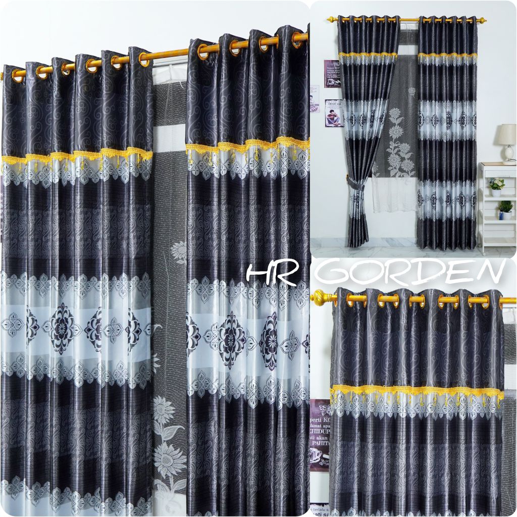 Gorden Blackout Poni Tempel Mewah Pintu Kamar Jendela Minimalis Motif Batik Abu Model Smokring