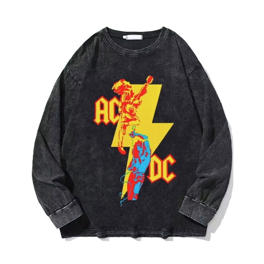 Kaos Long Sleeve Oversize AC DC | Stone Wash | Resmora | Vintage | Atasan | Kaos Band