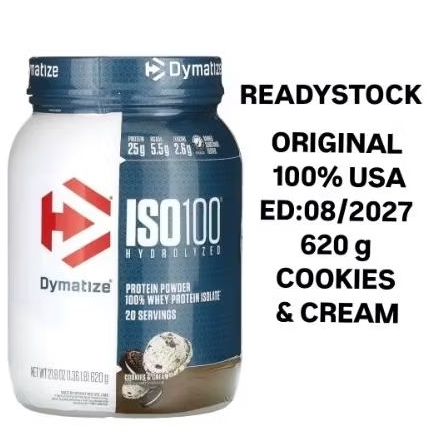 Dymatize ISO100@ Hydrolyzed, 100% Whey Protein Isolate, Cookies & Cream, 1.36 Ib (620 g) READYSTOCK 