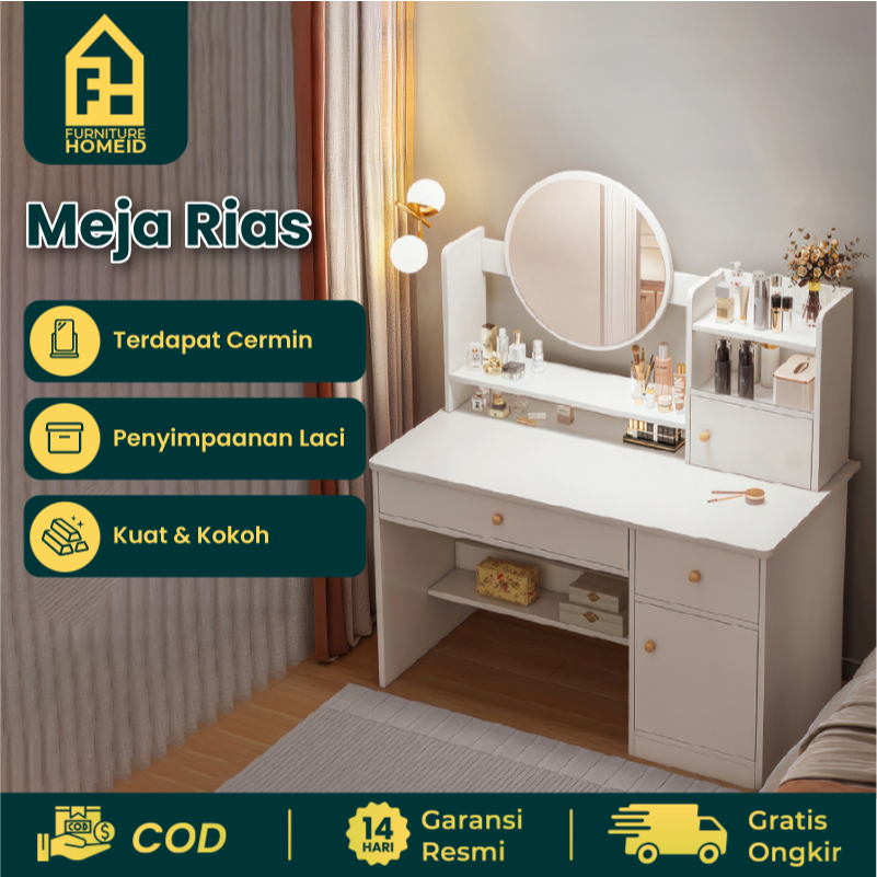 FURNITURE - Meja Kamar Aesthetic - Meja Make Up Minimalis Modern Dengan Cermin & Laci Serbaguna