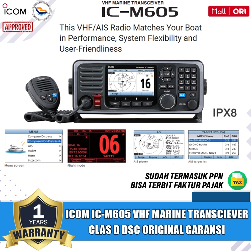 ICOM IC-M605 VHF Marine Transceiver Radio Rig Marine DSC M605 M 605 Vhf Original Garansi