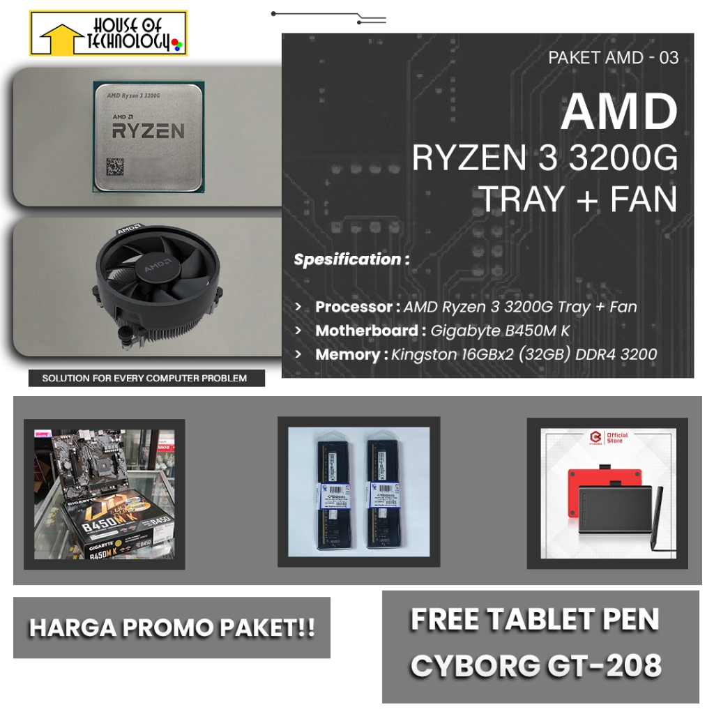 Promo Paket Bundling AMD - 03 (Motherboard Gigabyte B450M K) Free Tablet Pen Cyborg GT-208