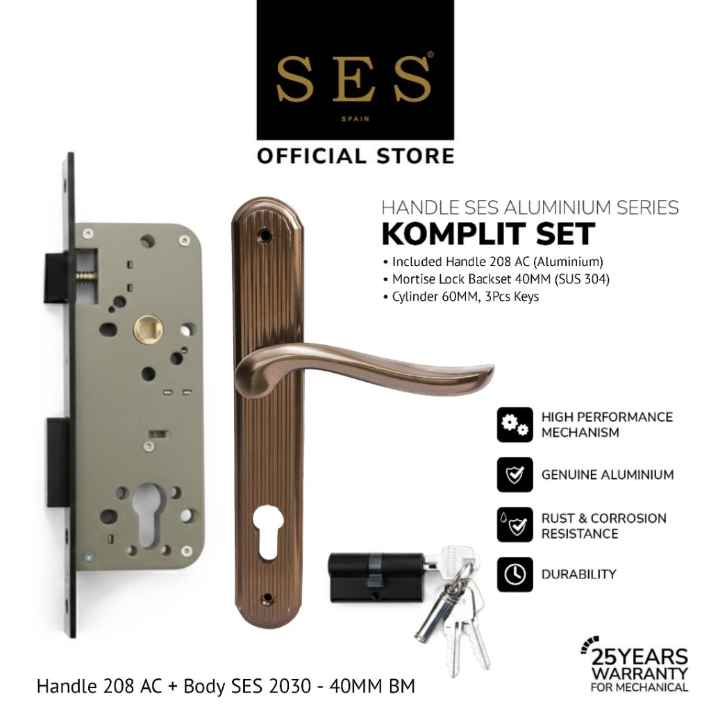 Gagang Pintu Set - Handle Pintu SES 208 AC + Body Kunci SES 2030 - 40mm BM