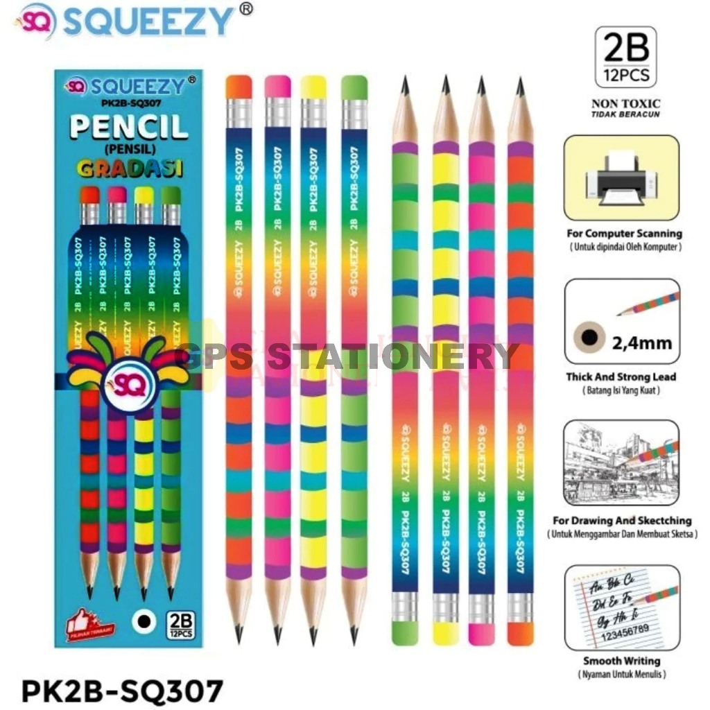 Squeezy Pensil 2B Gradasi Rainbow PK2B-SQ307 Kesukaan Anak 1 Box Isi 12 Pcs Non Toxic 2,4mm Tipis Da