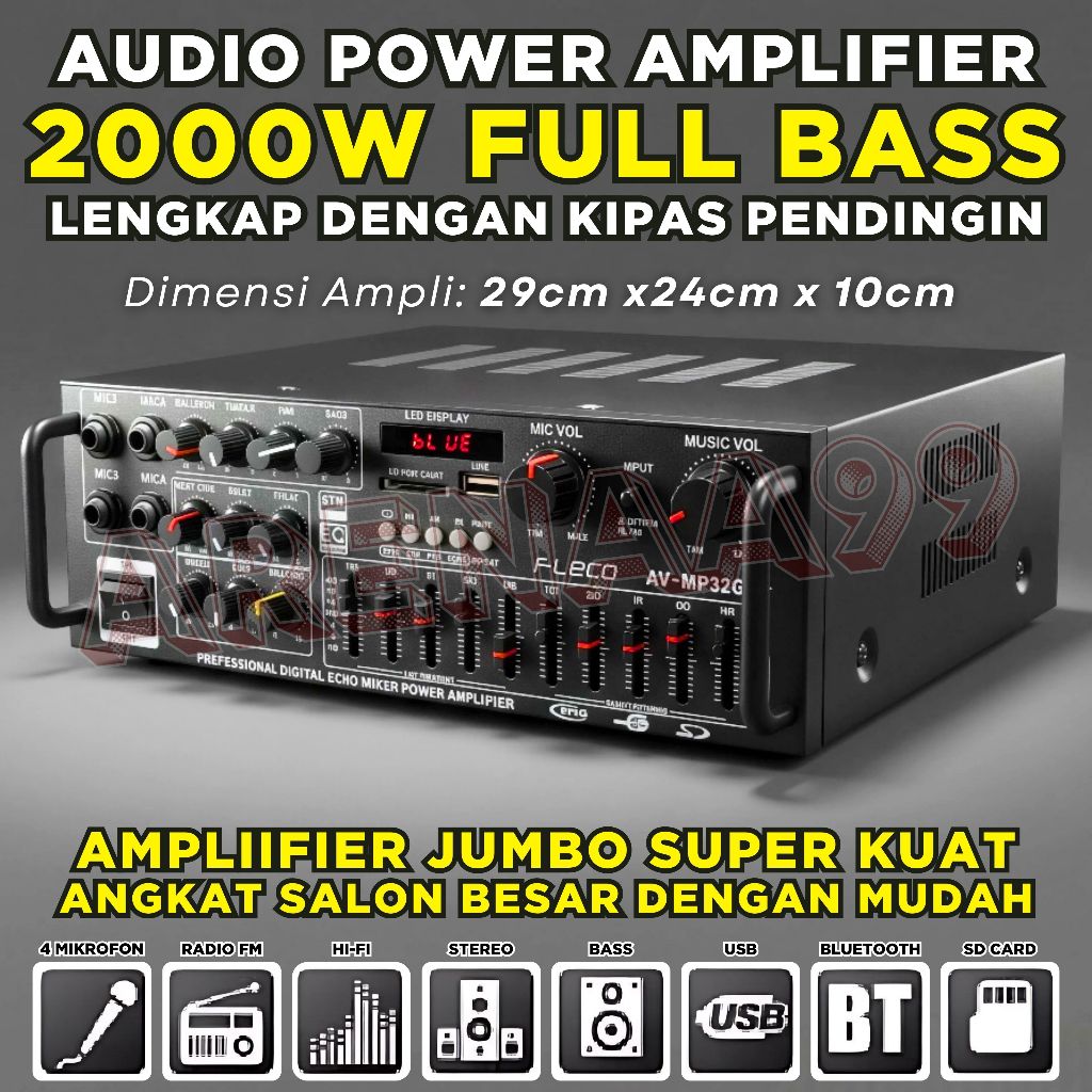 Ada Kipas Pendingin Amplifier Daya 2000 Watt Full Bass Untuk Salon Besar / Spaeker Jumbo Fleco AV-MP