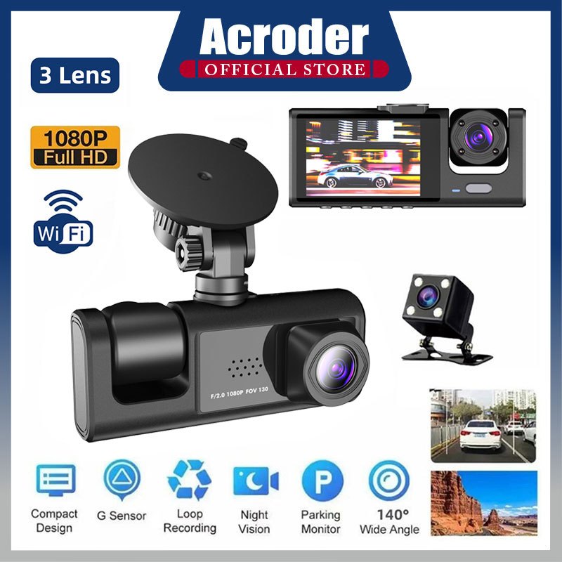 Acroder Dashcam Mobil WIFI 3 Cameras 1080P HD Perekaman Loop Pemantauan Parkir 24 Jam