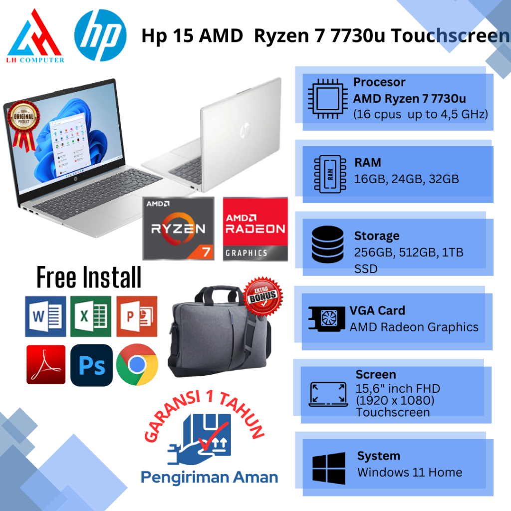 Laptop Baru Hp 15  AMD Ryzen 7 7730U 16Cpu up to 4,5Ghz Touchscreen