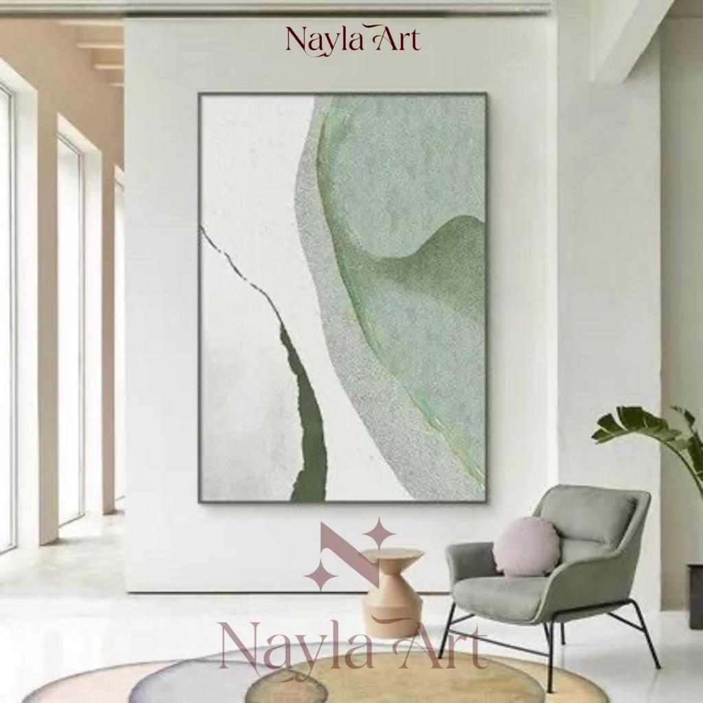 Lukisan Abstrak Hijau Sage Kanvas Modern Aesthetic