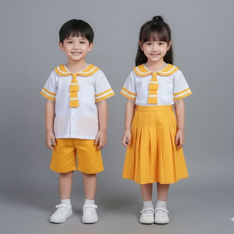 BAJU SERAGAM SEKOLAH TK MODEL PENDEK WARNA KUNING UNTUK ANAK LAKI LAKI SAN DAN PEREMPUAN