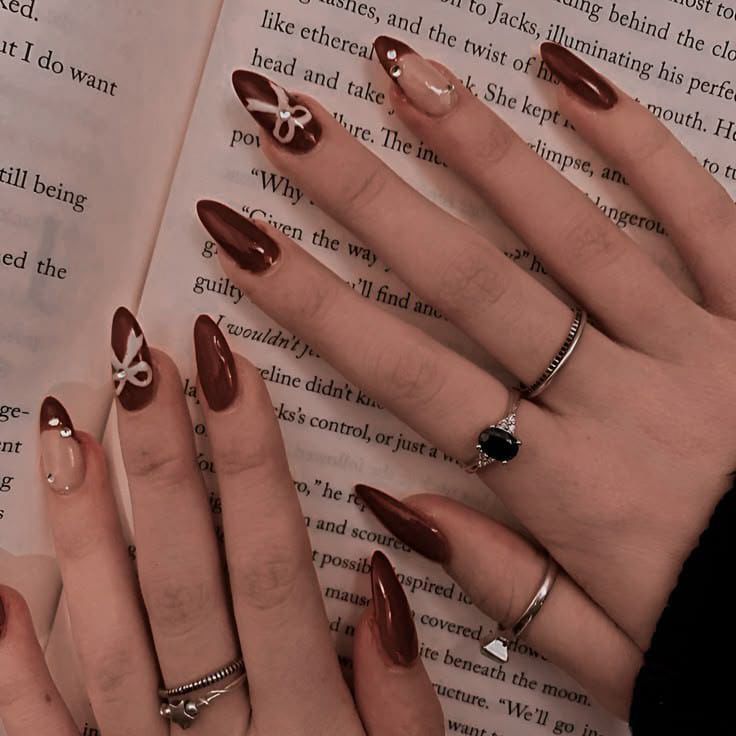 3D Ribbon Maroon Diamond Plain French Nails Custom Fake Nails Kuku Palsu Handmade Murah