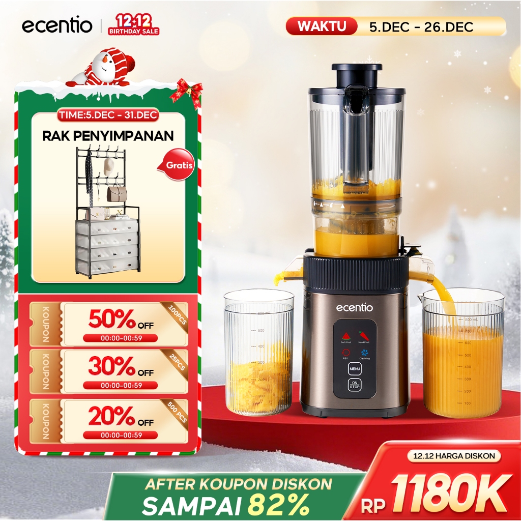 ecentio Juicer Extractor Slow 99% - Mesin Pembuat Jus Sehat 1000ml, Sistem Antioksidan, Desain Premi