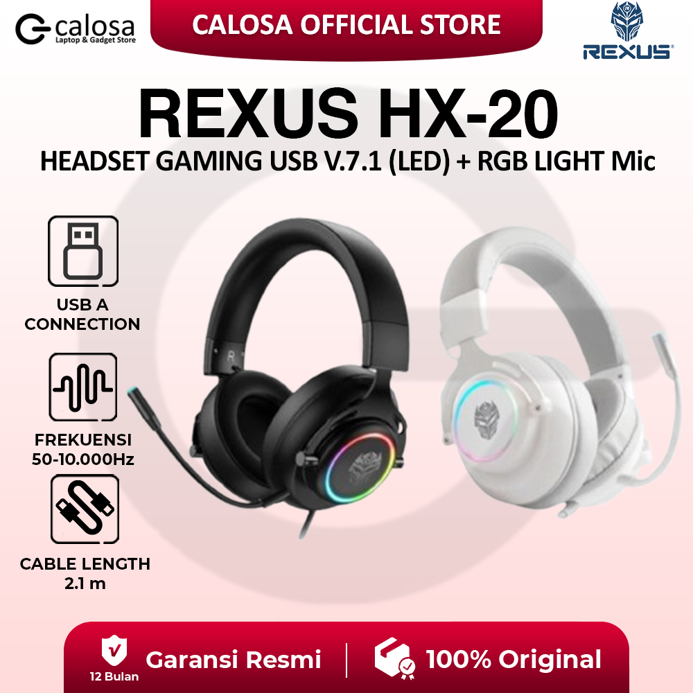 HEADSET GAMING REXUS HX-20 USB 7.1 LED RGB + MIC DETACHABLE