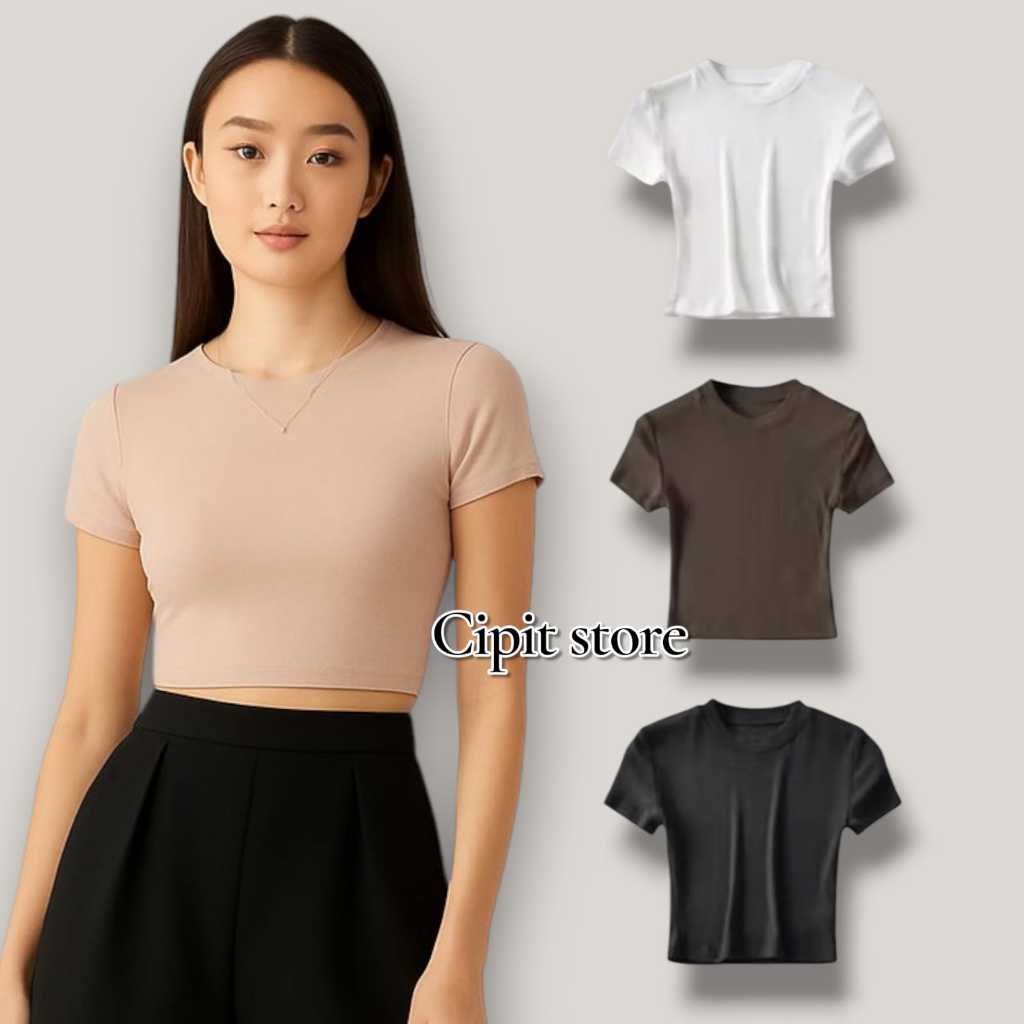 Crop Top Wanita Rib Stretch Premium – Kaos Cewek Polos Lengan Pendek Kekinian