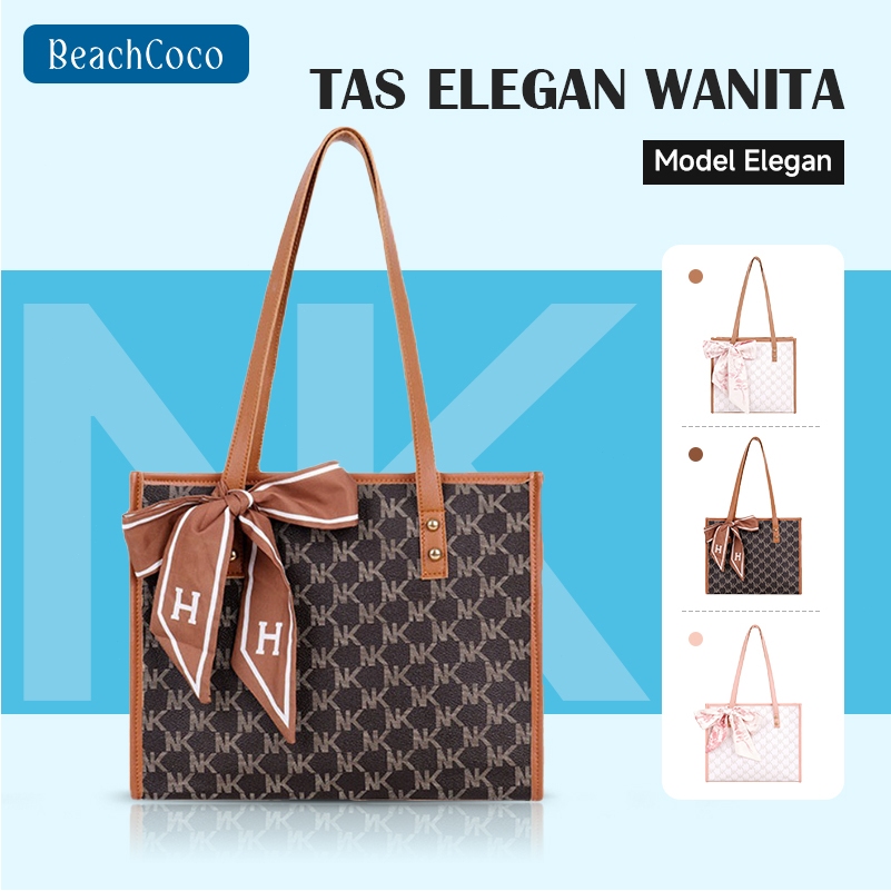 BeachCoco Tas Tote Wanita Motif Kotak Kapasitas Besar untuk Kerja dan Kuliah Model Simpel Elegan Bon