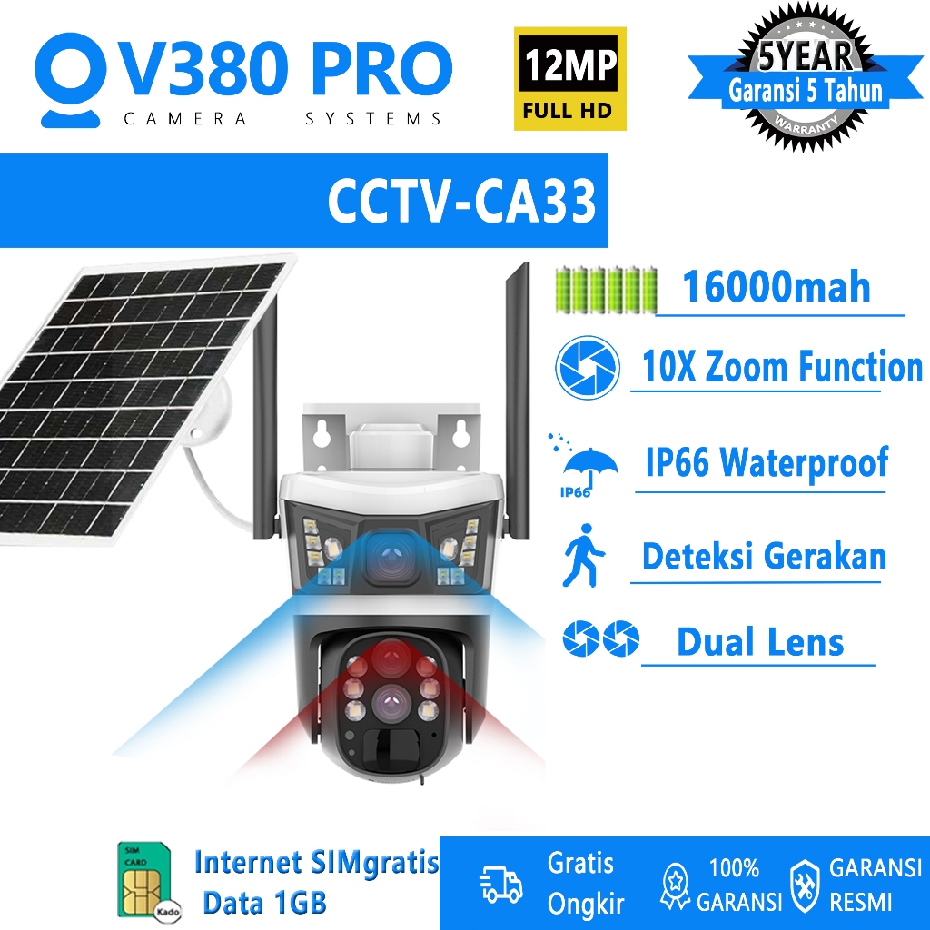 CCTV V380 pro 4G SIM PTZ control Camera HD 3 lens IP wireless WIFI outdoor waterproof solar CCTV