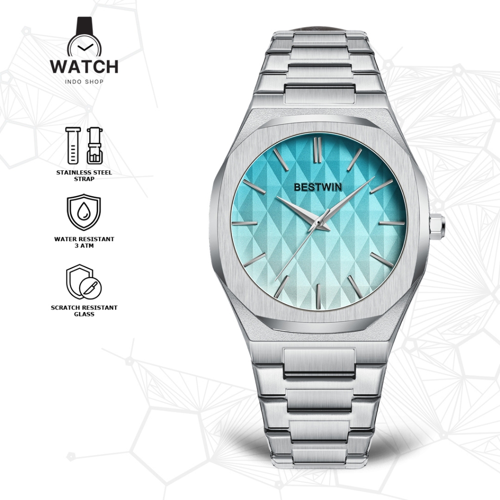 Indoshopwatches Jam Tangan Pria Analog Bestwin 758 Quartz Movement Stainless Strap
