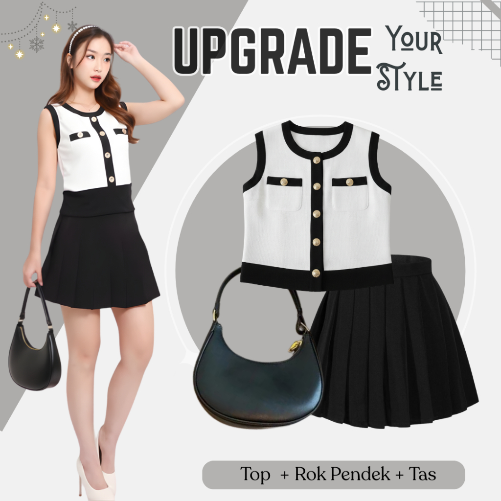 BW127 One Set Top Rok Pendek Tas | OOTD Simple White | Setelan Wanita Kekinian | Outfit Korean Style