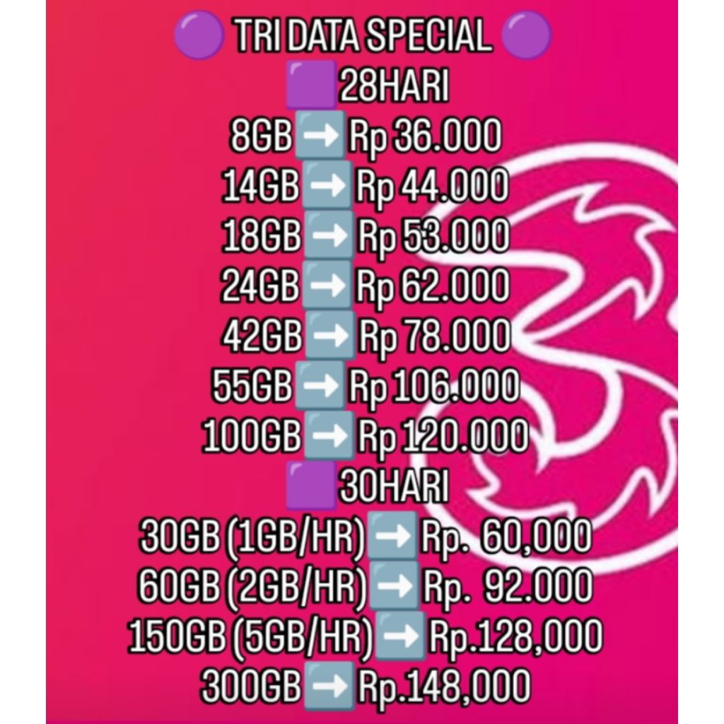 TERMURAH PAKET INTERNET KUOTA TRI FULL 24 JAM 28HARI 30HARI