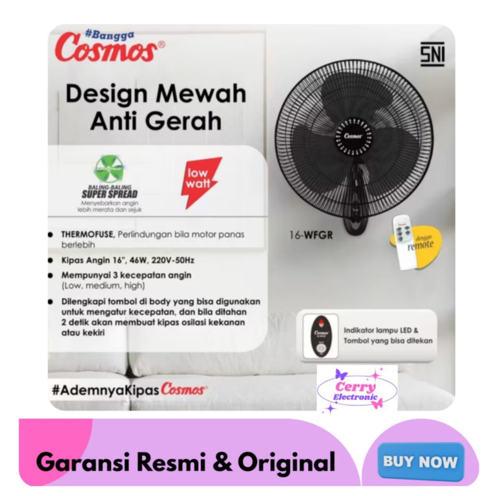 Kipas Angin Dinding COSMOS 16WFGR 16" REMOT / Wallfan Cosmos 16" REMOT BLACK