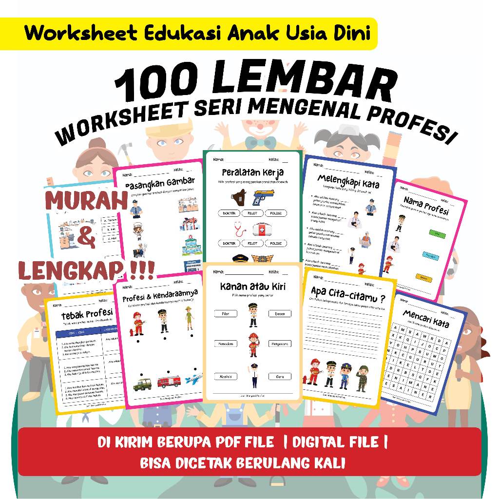 100 LEMBAR FILE PDF AKTIVITAS/ WORKSHEET ANAK TK-PAUD-SD SERI MENGENAL PROFESI (FILE PD/EBOOKS)